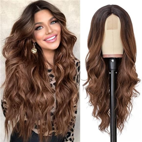 NAYOO Long Ombre Brown Wavy Wig for Women 26 Inch Middle Part Curly Wavy main image 5